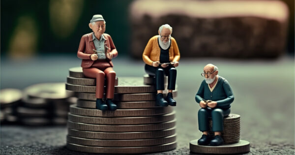 Social Security retirement savings represented by miniature elderly people sitting on stacks of coins.