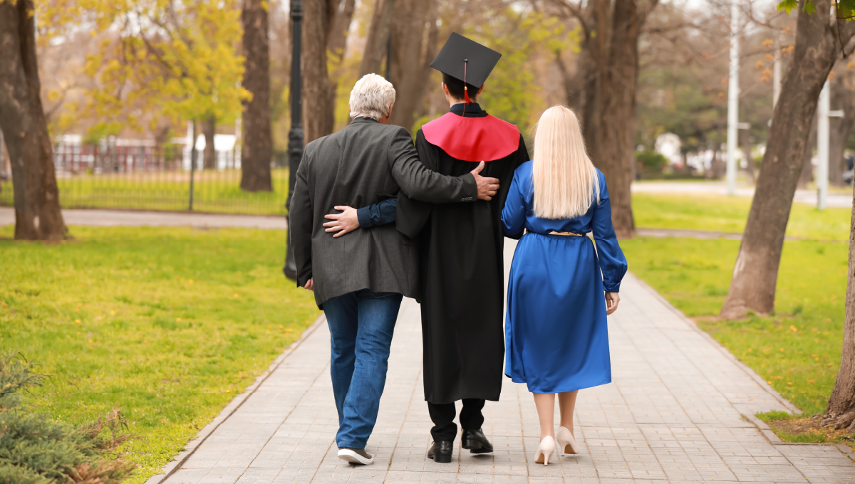 Choosing between saving for retirement and saving for college represented by parents walking with their high school graduate child around campus.