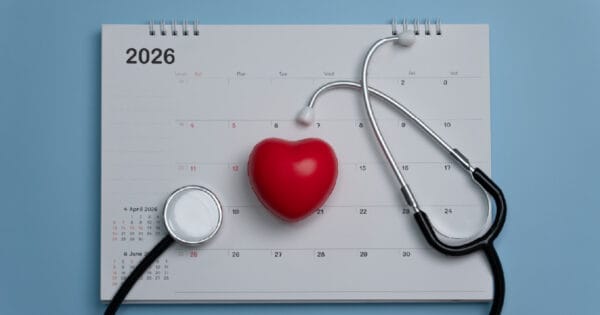 A 2026 calendar, a stethoscope, and a toy heart